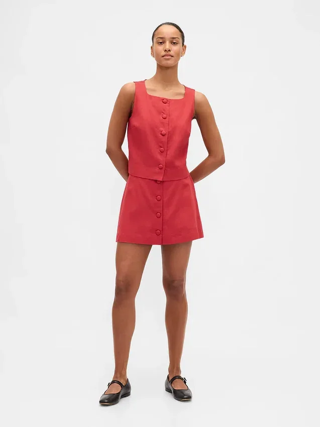 Linen-Blend Button-Front Shell Top