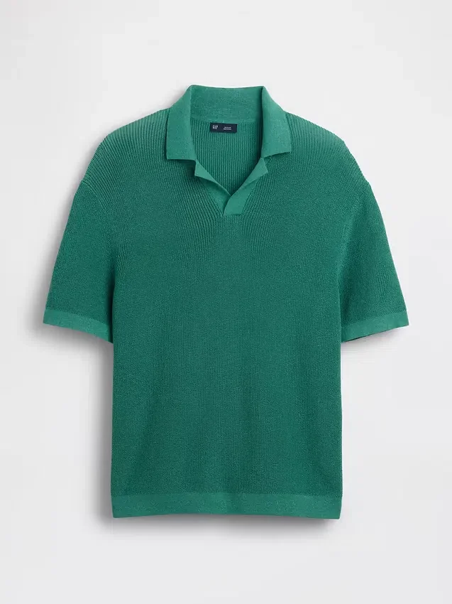 Linen-Blend Camp Polo Sweater Shirt