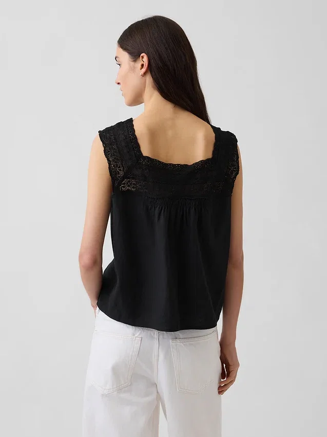 Linen-Blend Crochet Square-Neck Top