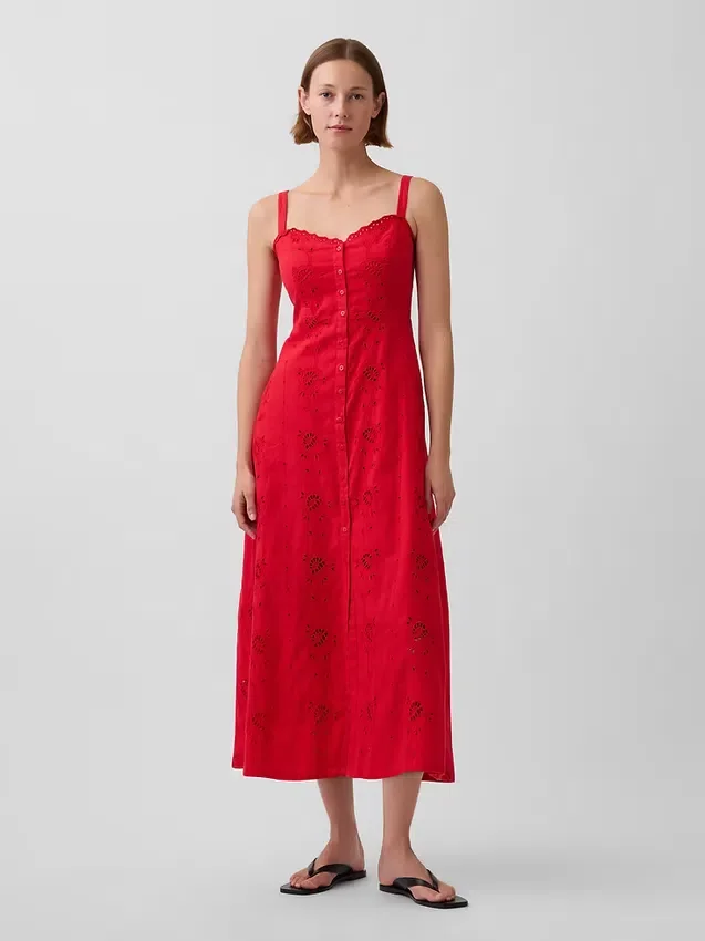 Linen-Blend Embroidered Cami Maxi Dress