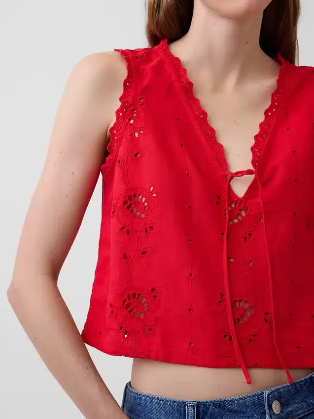 Linen-Blend Embroidered Crop Shell Tank Top