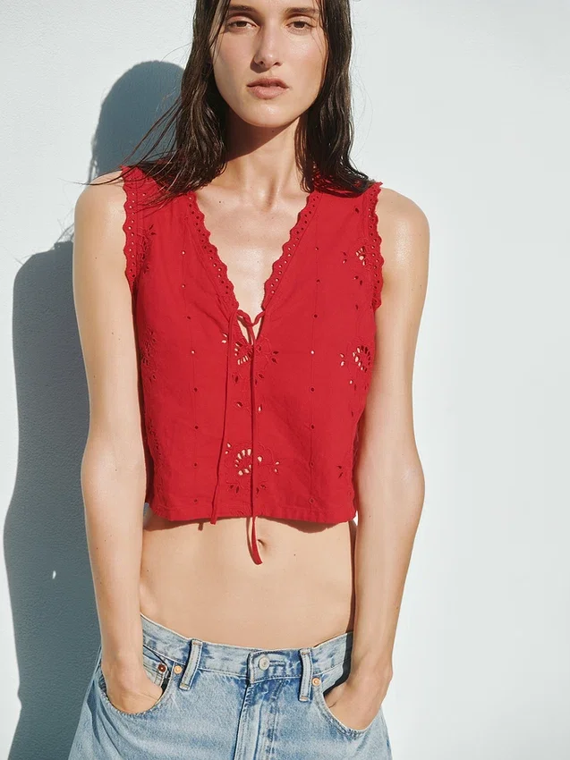 Linen-Blend Embroidered Crop Shell Tank Top