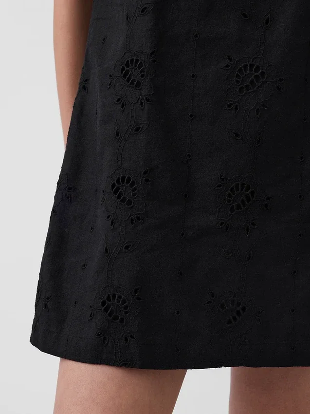 Linen-Blend Embroidered Mini Shift Dress