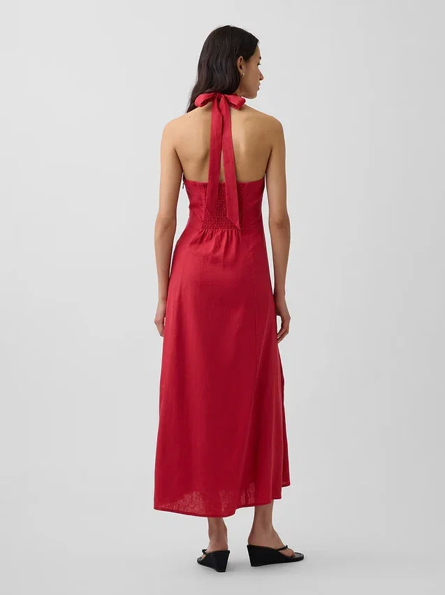 Linen-Blend Halter Maxi Dress