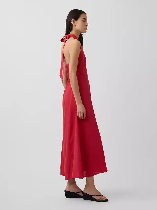 Linen-Blend Halter Maxi Dress