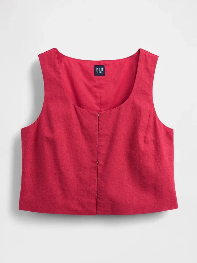 Linen-Blend Hook-Front Crop Shell Top