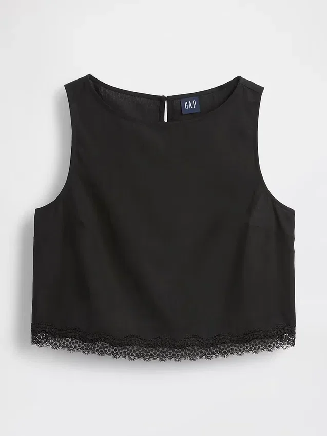 Linen-Blend Lace-Hem Crop Shell Top