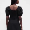 Linen-Blend Puff-Sleeve Crop Corset Top