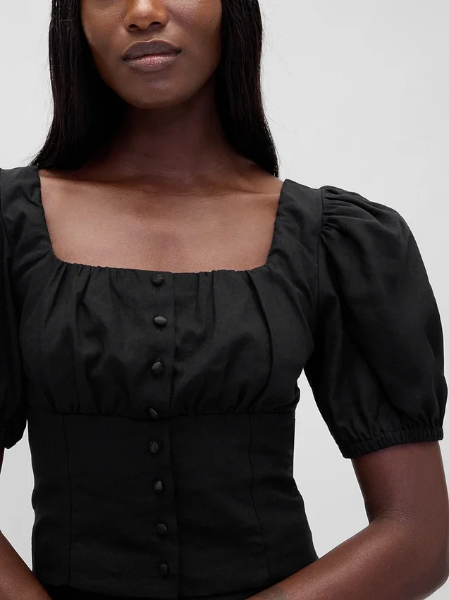 Linen-Blend Puff-Sleeve Crop Corset Top