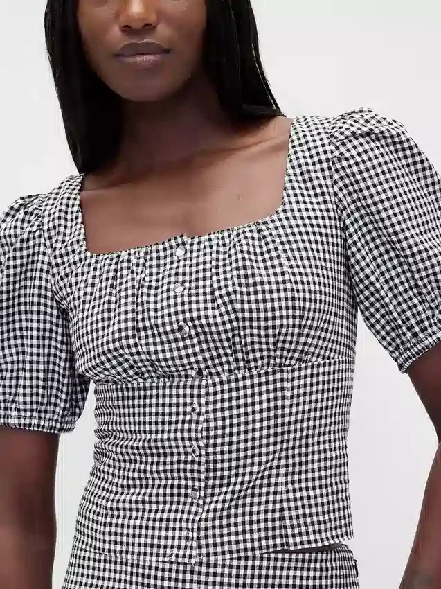 Linen-Blend Puff-Sleeve Crop Corset Top