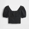 Linen-Blend Puff-Sleeve Crop Corset Top
