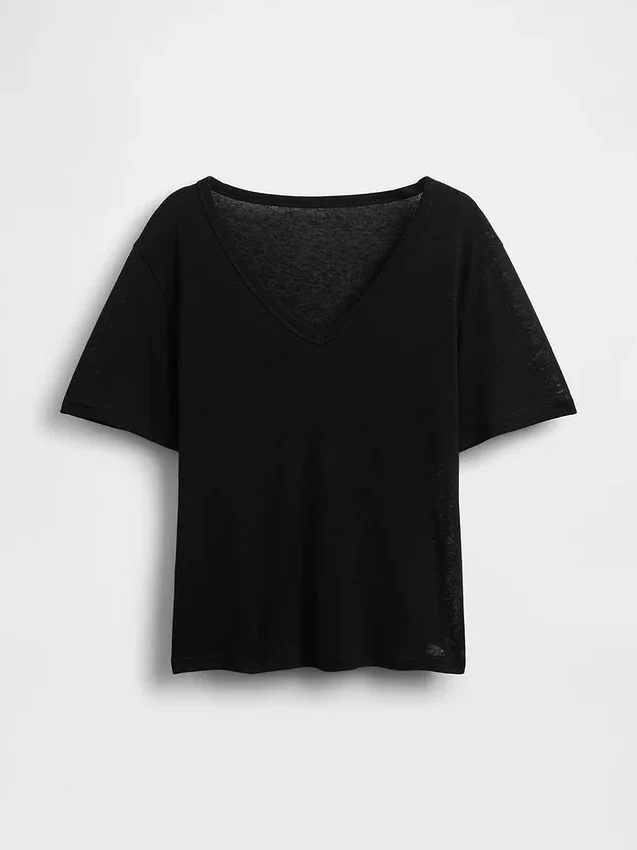 Linen-Blend Relaxed V-Neck T-Shirt