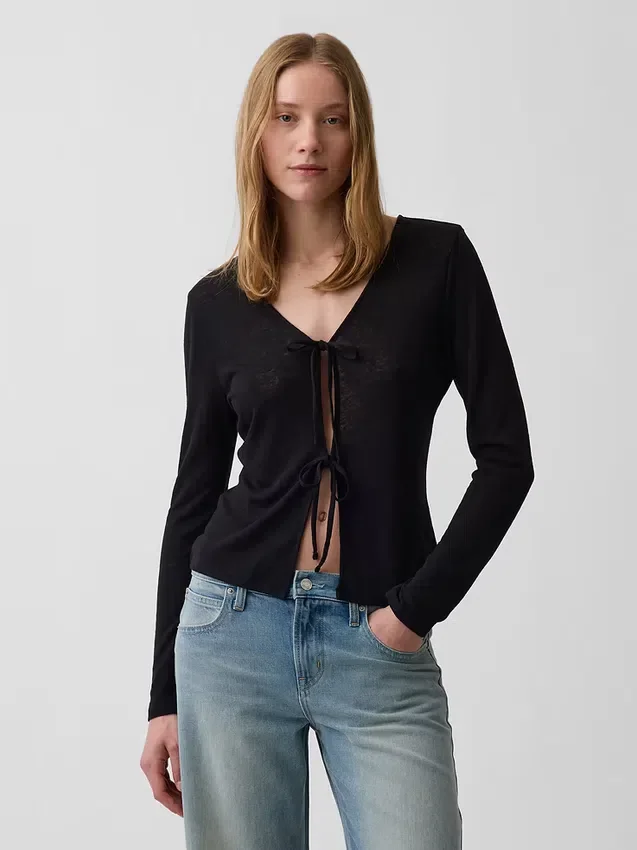 Linen-Blend Tie-Front Cardigan