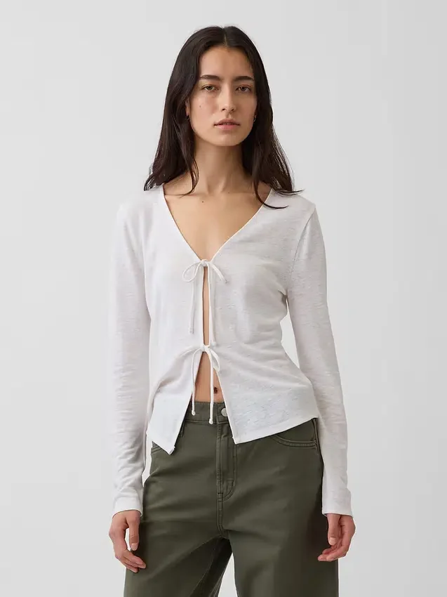 Linen-Blend Tie-Front Cardigan