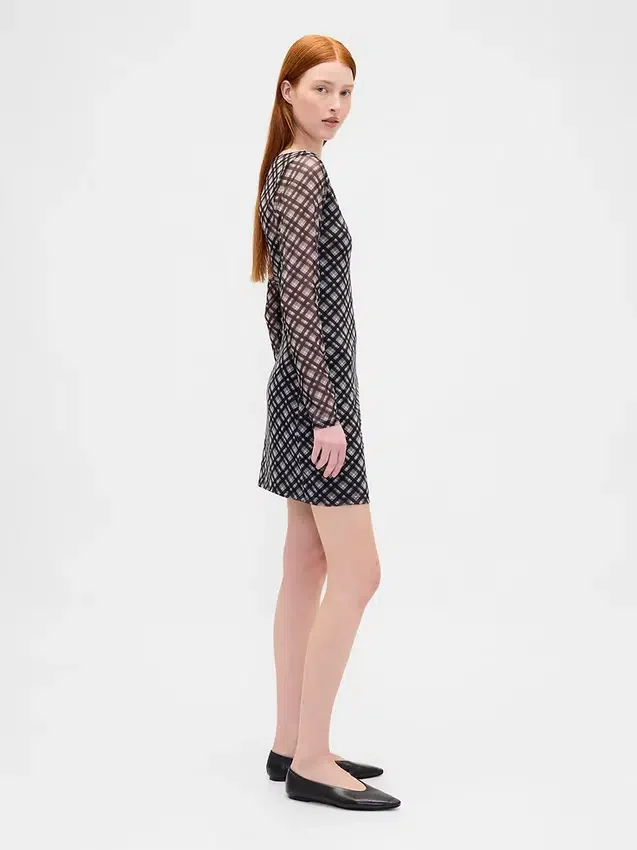 Mesh Boatneck Mini Dress