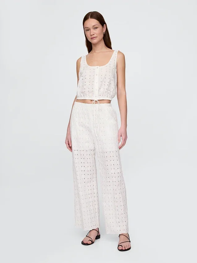 Mid Rise Eyelet Easy Wide-Leg Pants