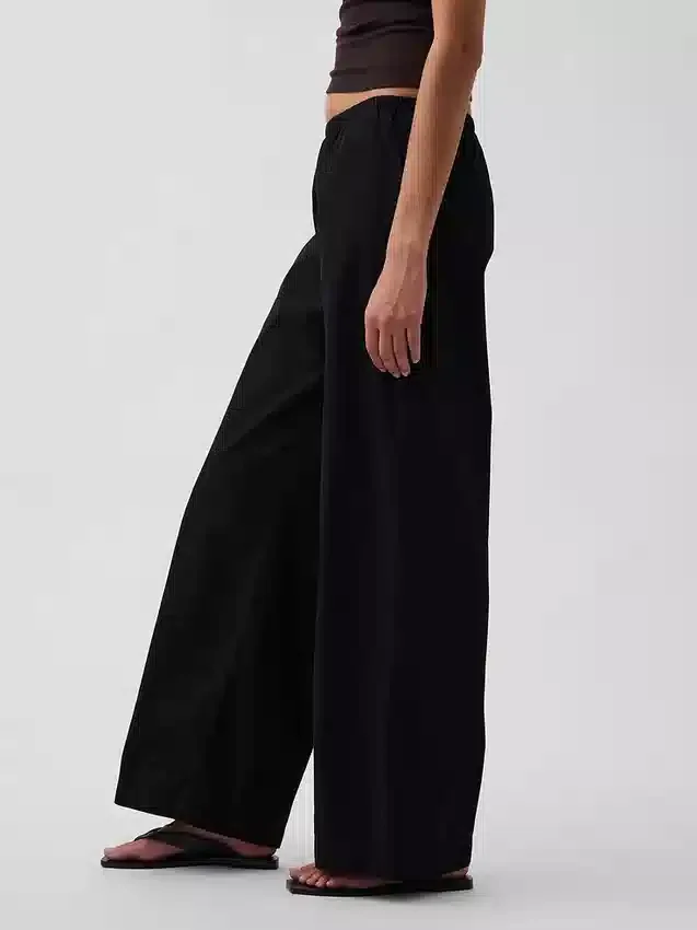 Mid Rise Poplin Relaxed Easy Wide-Leg Pants