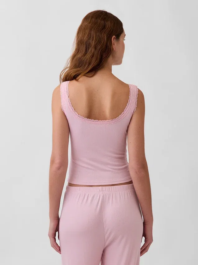 Mini Rib Lace Henley Pj Tank Top