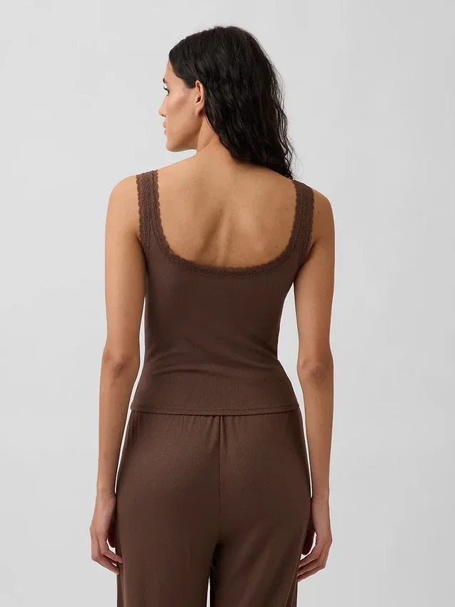 Mini Rib Lace Henley Pj Tank Top