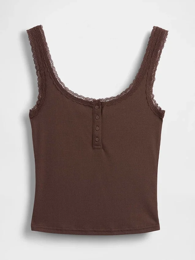Mini Rib Lace Henley Pj Tank Top
