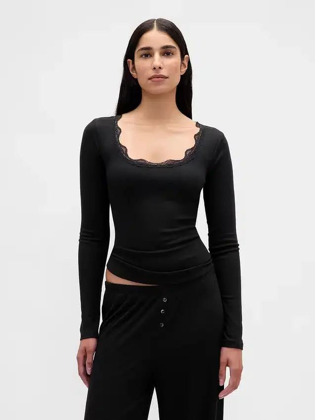 Mini Rib Lace-Trim Pj Top
