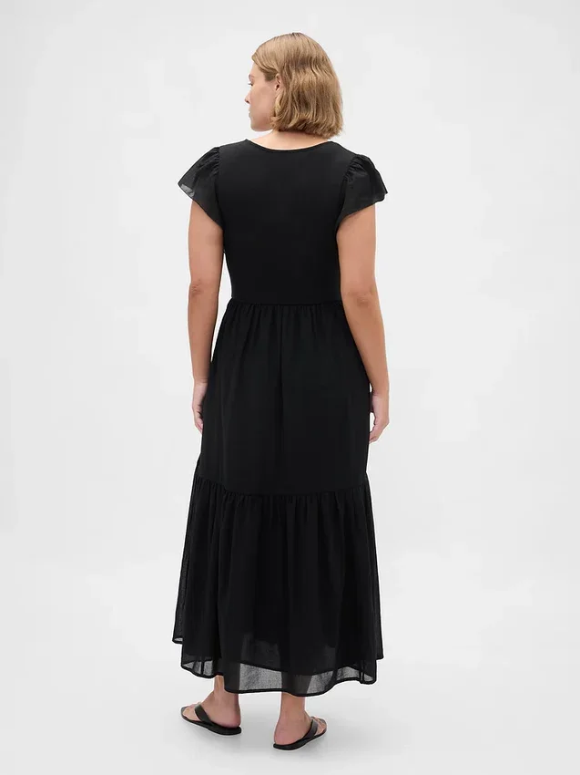 Modern Mixed Media Ruffle Maxi Dress