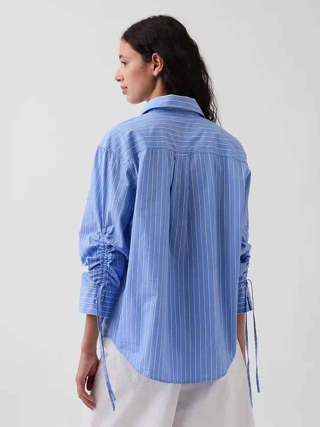 Organic Cotton Poplin Oversized Ruched-Sleeve Shirt