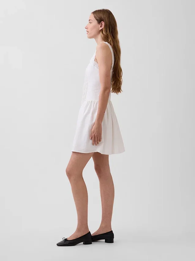 Pintuck Drop-Waist Mini Dress