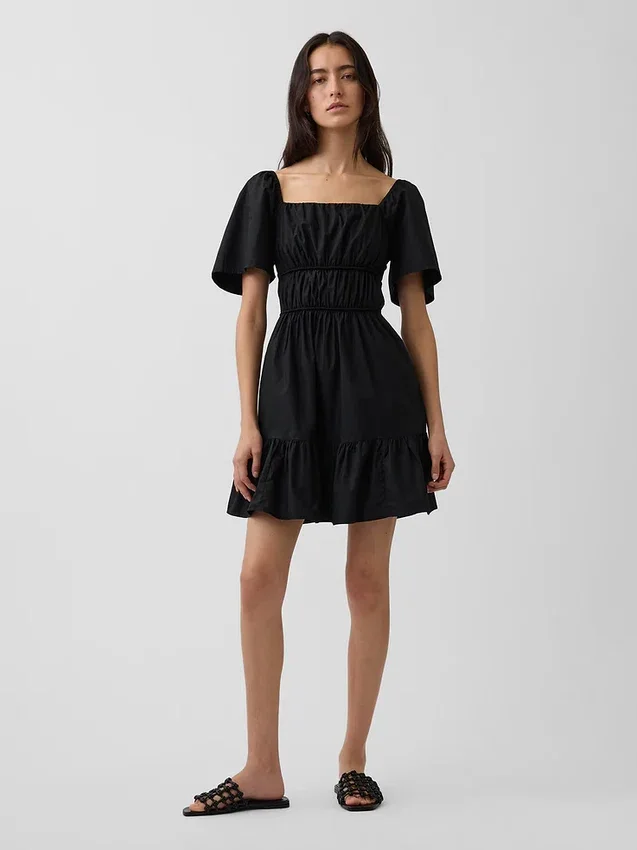 Poplin Flutter-Sleeve Mini Dress