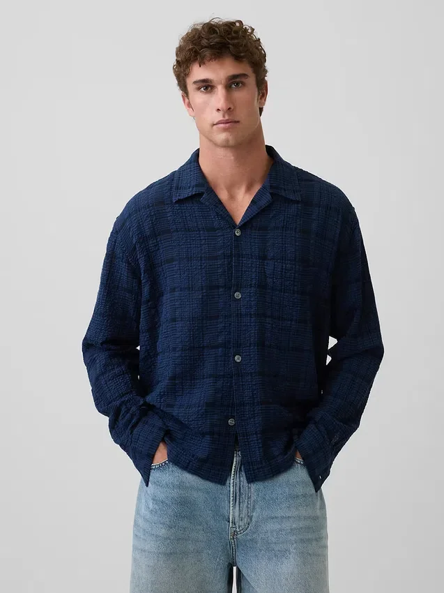 Relaxed Straight-Hem Seersucker Shirt
