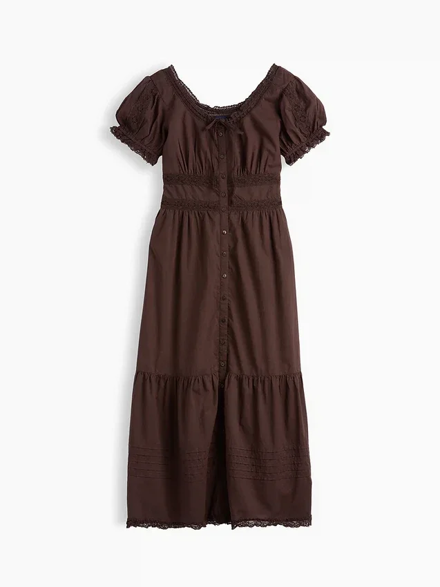 Scoop-Neck Lace-Trim Tiered Maxi Dress