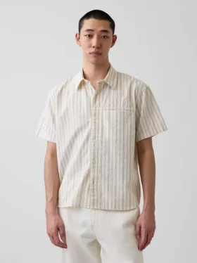 Seersucker Stripe Relaxed Curved-Hem Shirt