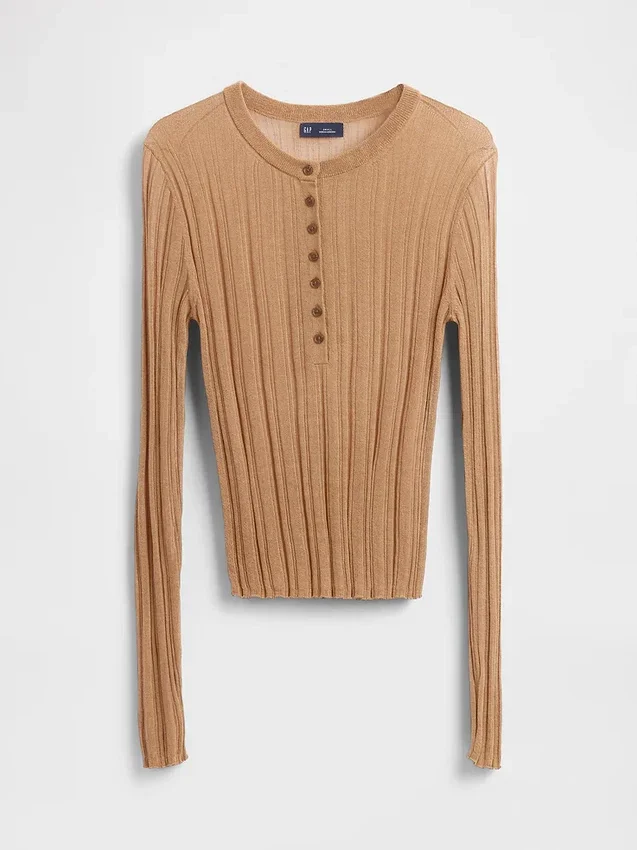 Sheer Rib Henley Sweater