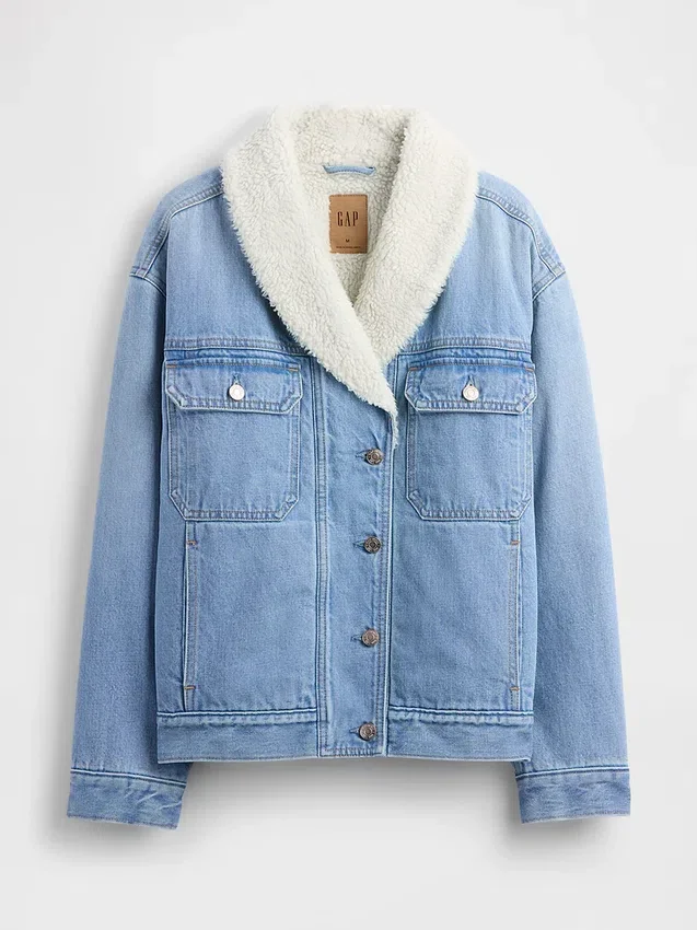 Sherpa-Lined Shawl Denim Jacket