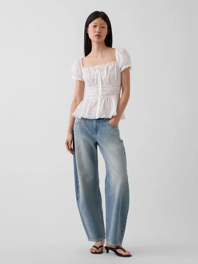 Square-Neck Lace-Trim Peplum Top