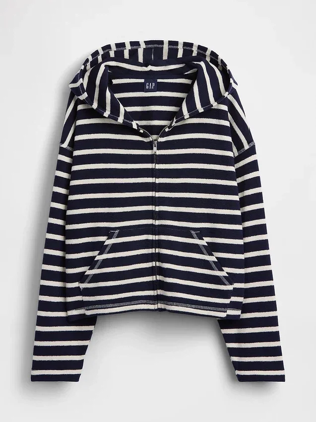 Towel Terry Oversized Stripe Zip Hoodie