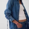 Ultrasoft Denim Oversized Ruched-Sleeve Shirt