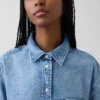 Ultrasoft Denim Oversized Ruched-Sleeve Shirt