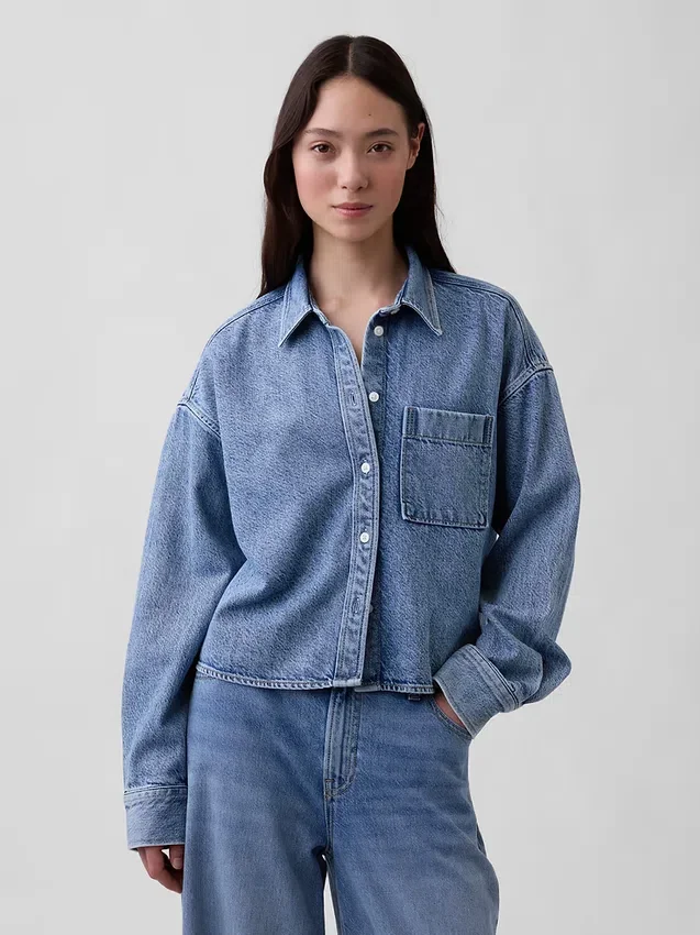 Ultrasoft Denim Oversized Straight-Hem Crop Shirt