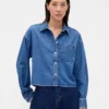 Ultrasoft Denim Oversized Straight-Hem Crop Shirt