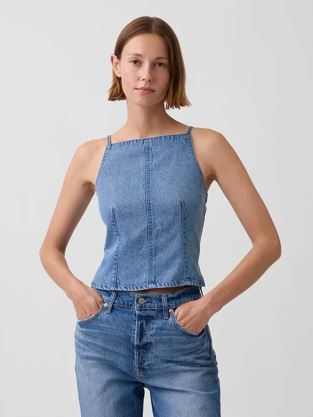 Ultrasoft Denim Seamed Square Neck Top
