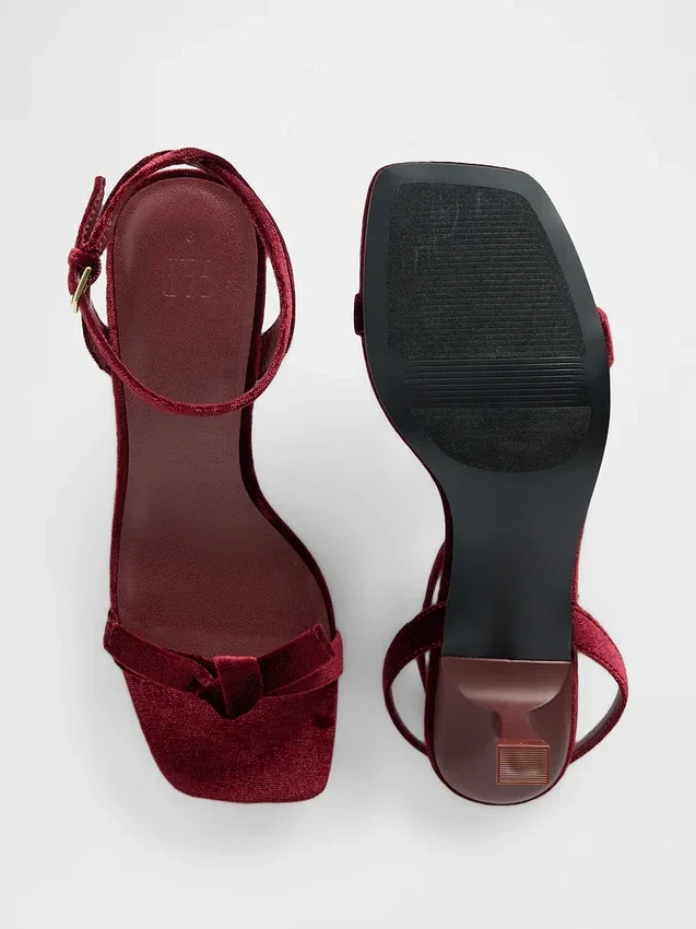 Velvet Bow Open-Toe Strappy Kitten Heels